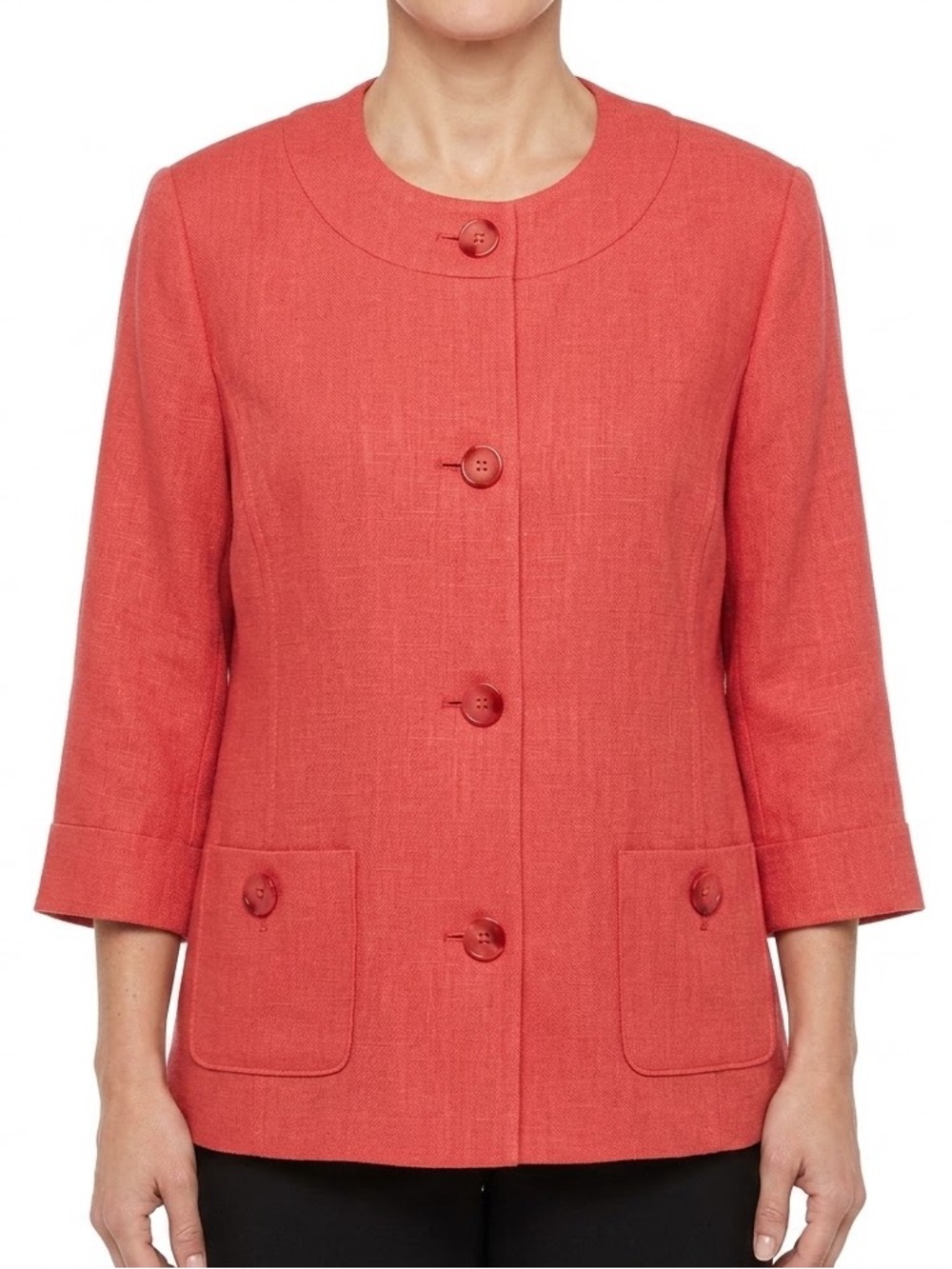Alfred Dunner Petite Jacket Womens 12P Coral Red Button Front 3/4 Sleeve